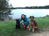 Catarina with Jess & Tommy enjoying an evening walk beside a lake nr Le Mans in France, on their way from Lisbon in Portugal to Bristol in the UK.